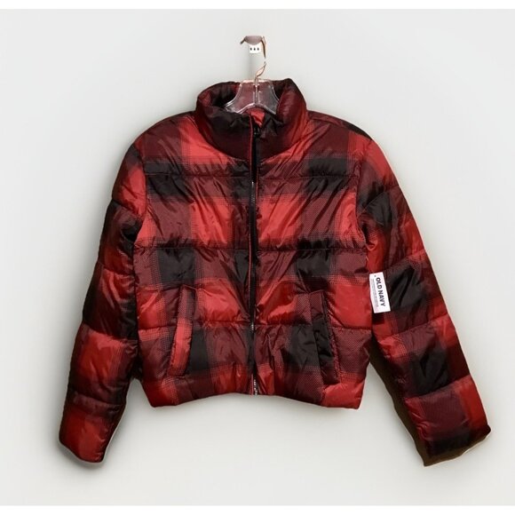 Old Navy Black Red Buffalo Plaid Check Girls XL 14-16 Cropped Puffer Jacket Coat - Picture 1 of 3